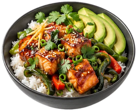 Teriyaki Salmon Bowl with its ingredients