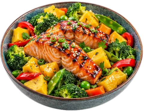 Teriyaki Salmon with pineapple and mango with its ingredients