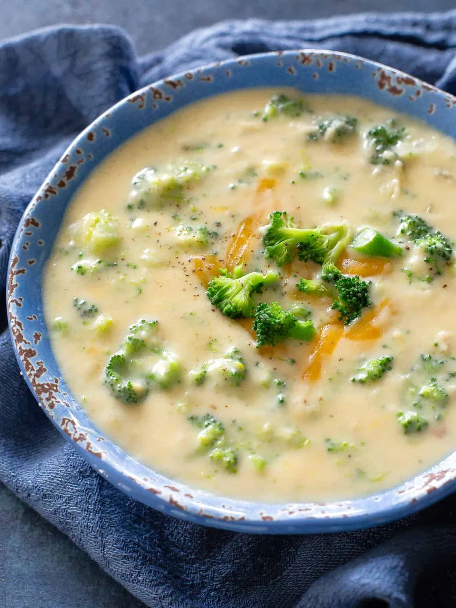 Broccoli Cheese Soup with cheddar and shredded cheese