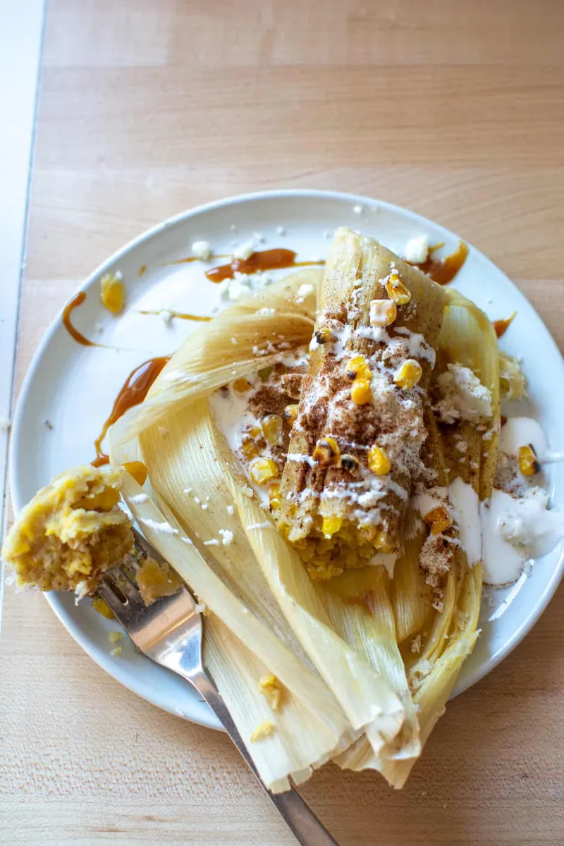 Sweet Corn Tamales with blue cheese