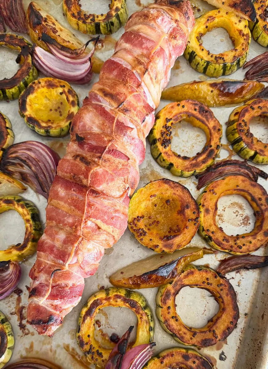 Bacon Wrapped Pork Tenderloin with winter squash (butternut