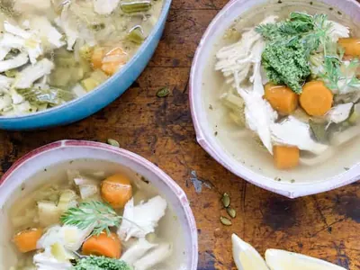 Chicken Leek Soup with Carrot Top Pesto