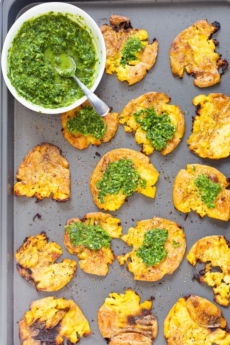Crispy Smashed Potatoes with fresh herbs (cilantro