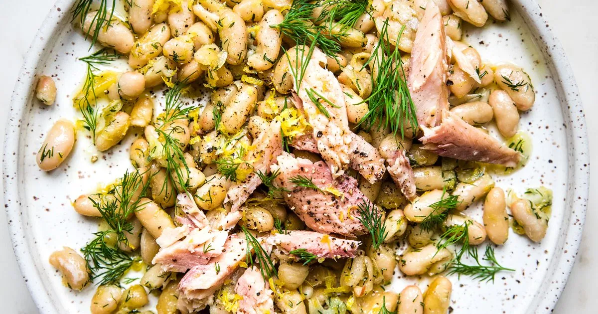 Garlicky Beans with Smoked Trout