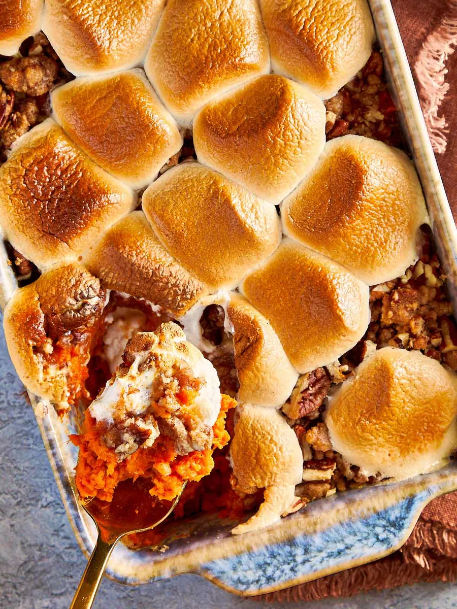 Sweet Potato Casserole with marshmallows and candy