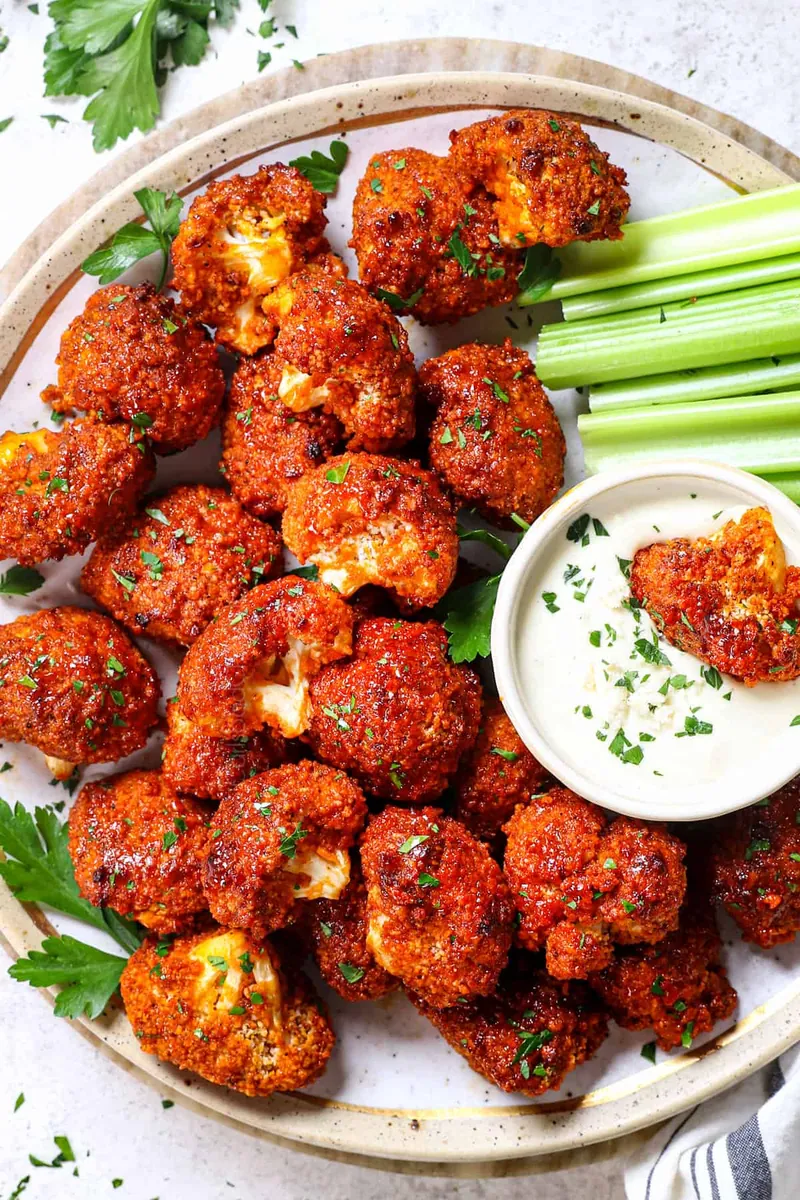 Buffalo Cauliflower Bites with hot dogs