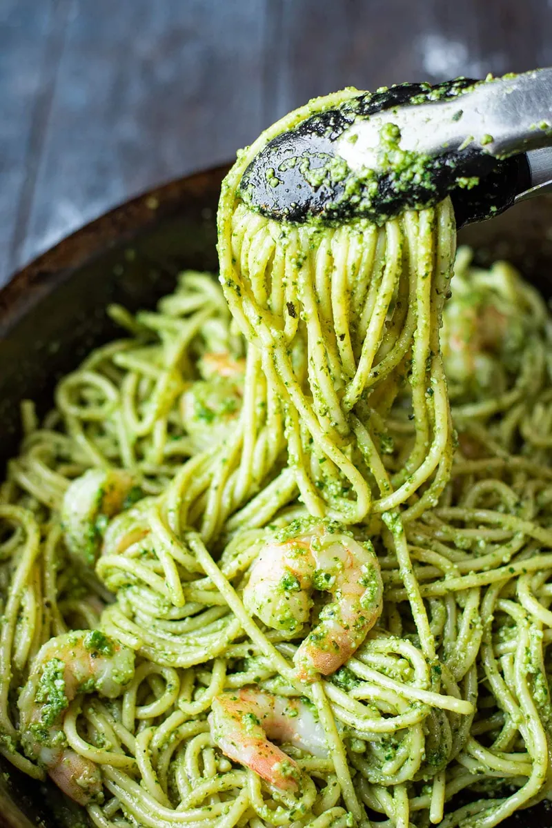 Shrimp Pesto Pasta with fresh herbs (cilantro