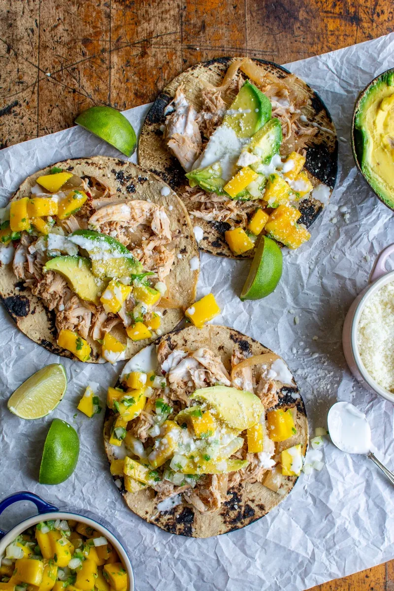 Shredded Chicken Tacos with pineapple and mango