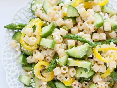 Lemon Asparagus Pasta Salad with poblano and other fresh chiles