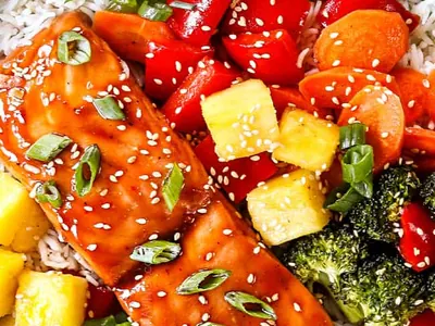 Teriyaki Salmon with pineapple and mango