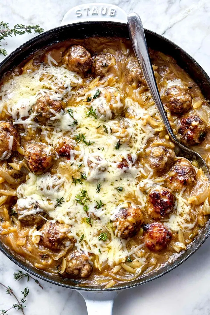 French Onion Orzo Meatballs