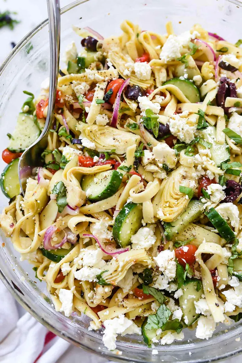 Greek Pasta Salad with artichoke hearts