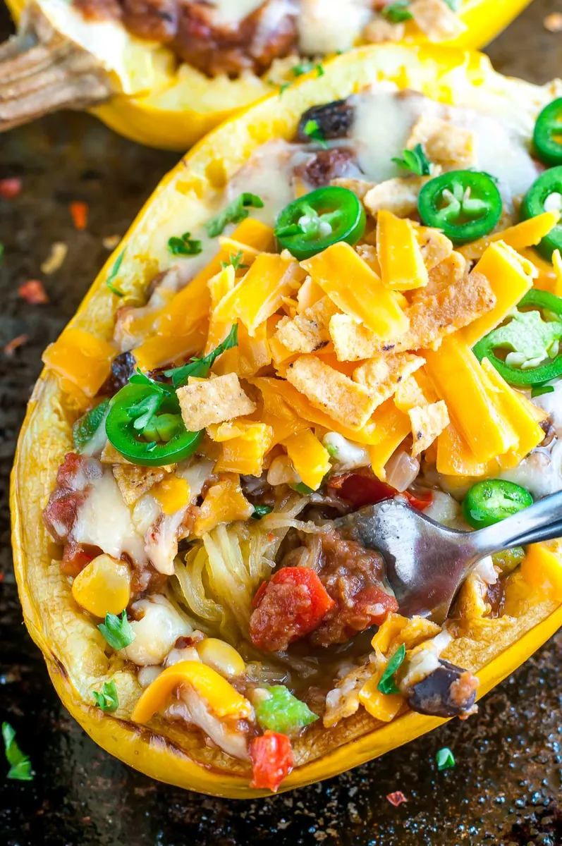 Cheesy Chili Stuffed Spaghetti Squash