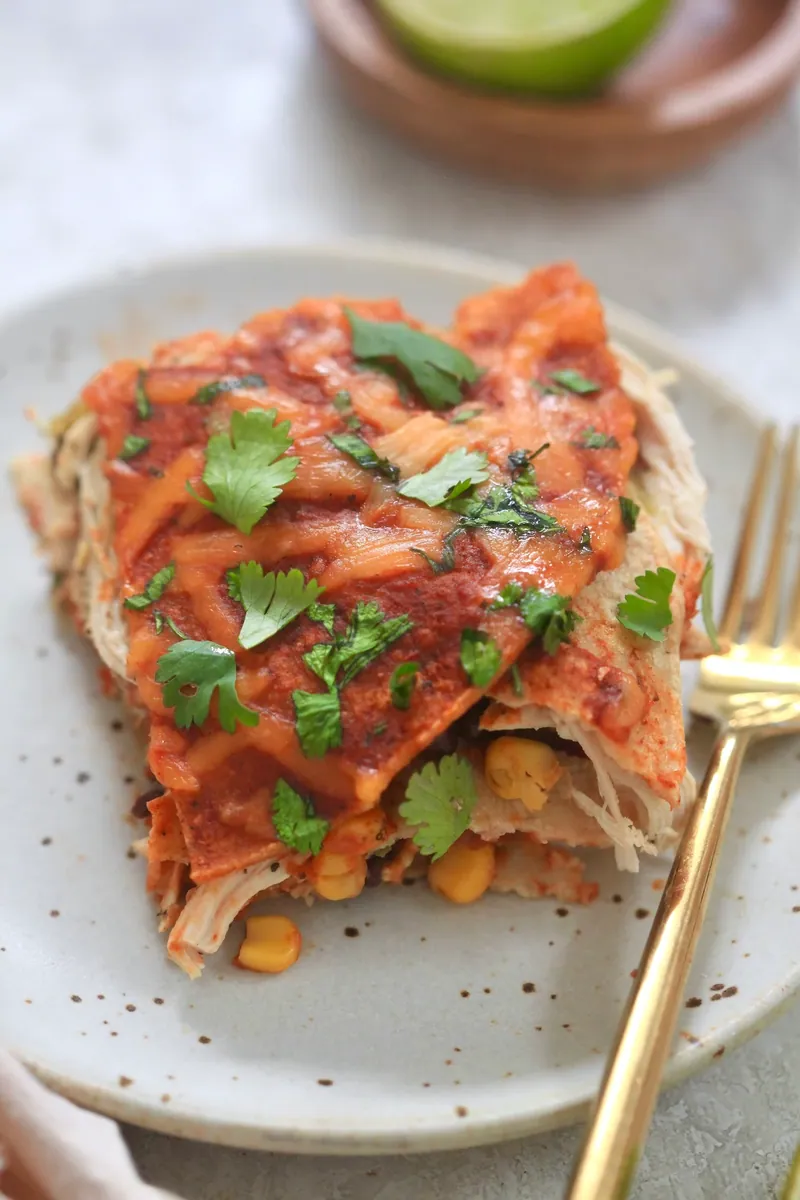 Chicken Enchilada Casserole with tortillas