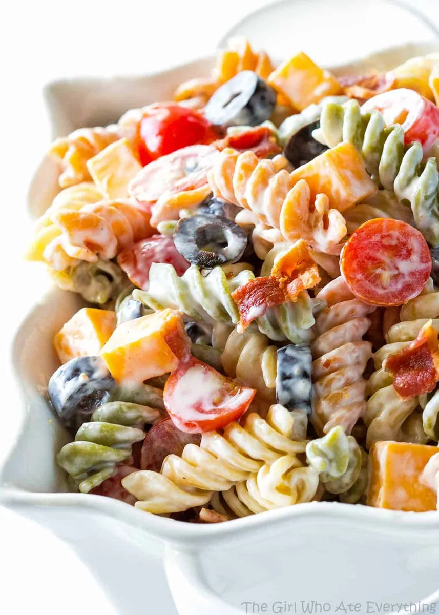 Bacon Ranch Pasta Salad with cherry and grape tomatoes