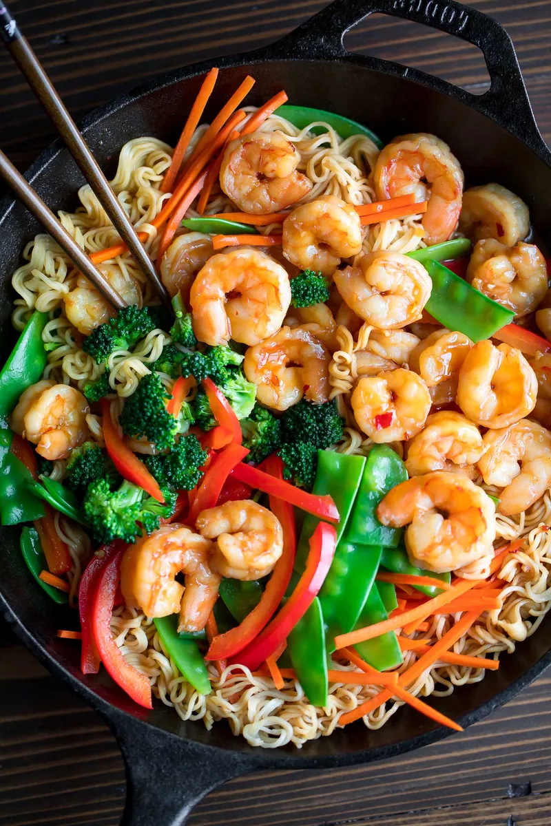 Shrimp Ramen Stir-Fry with fresh peas and snap peas