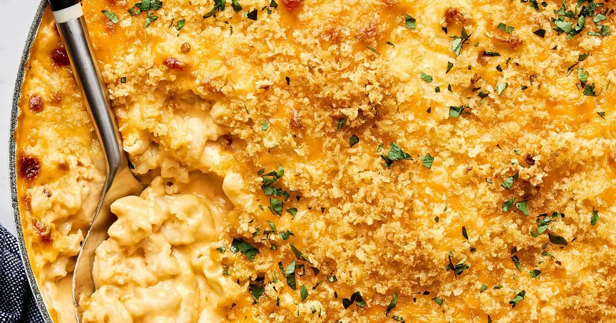 Baked Macaroni and Cheese with cheddar and shredded cheese