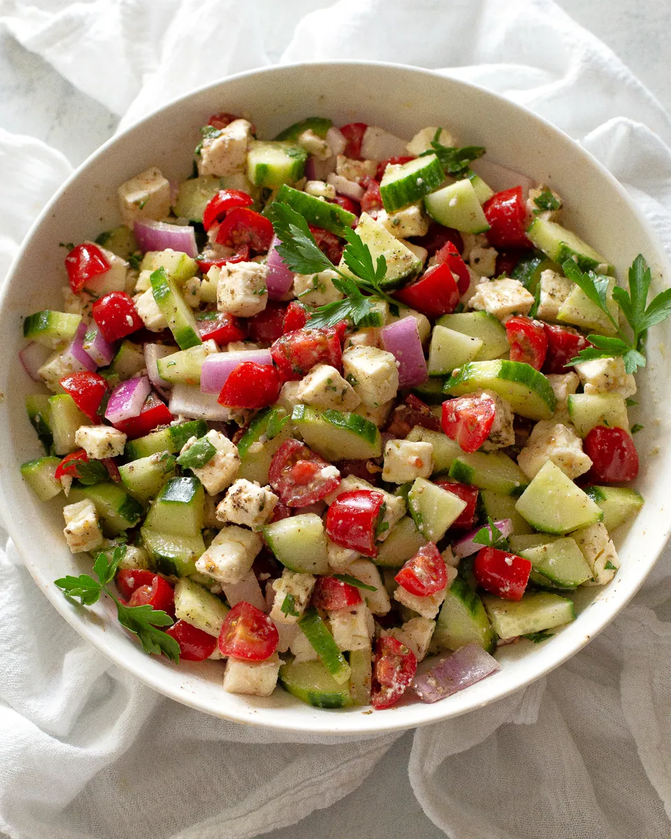 Cucumber Tomato Feta Salad with cherry and grape tomatoes