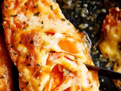 Cheesy Garlic Sweet Potatoes