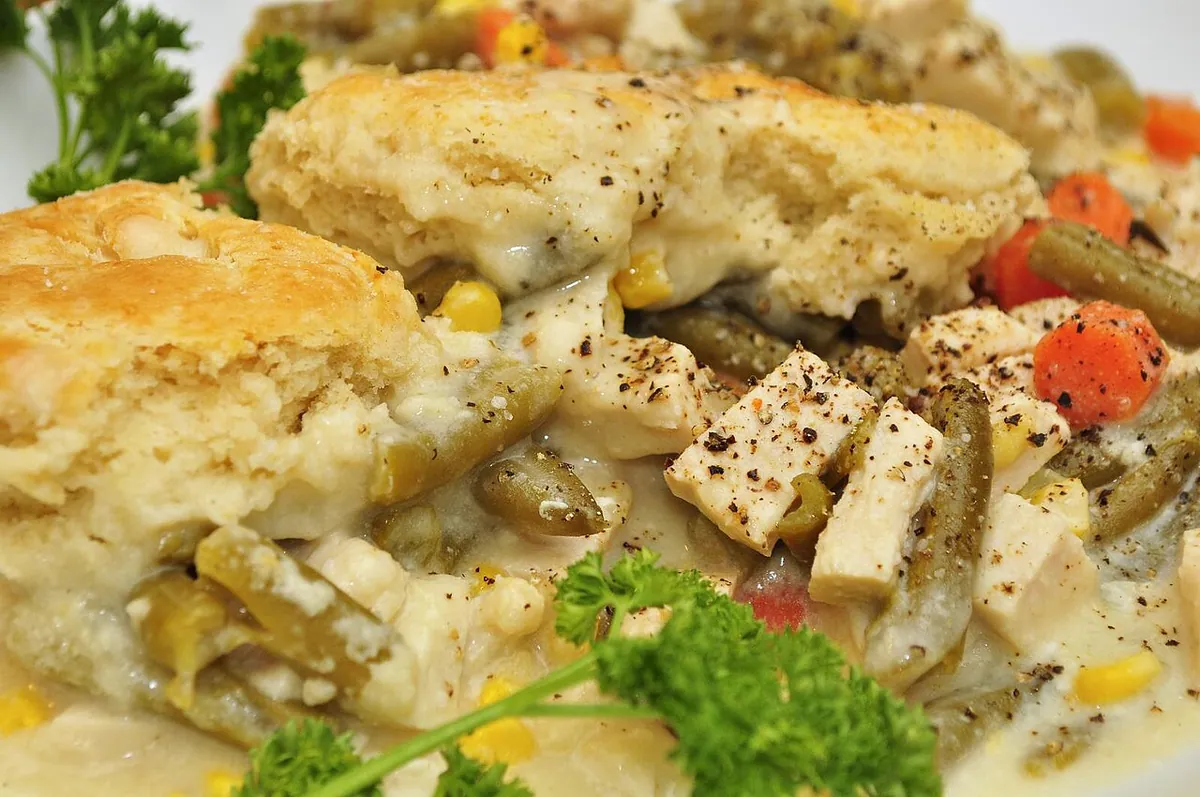 Chicken pot pie skillet with biscuit top