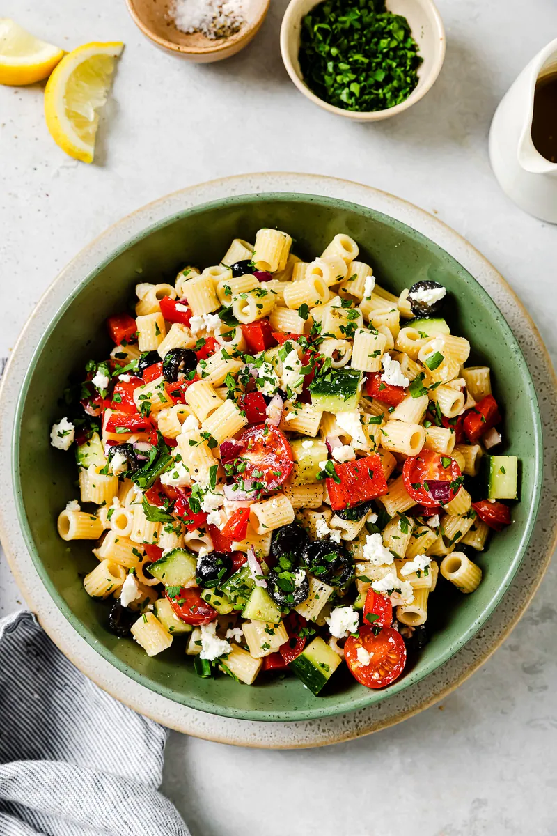 Greek Pasta Salad with cherry and grape tomatoes
