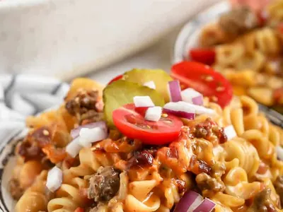 Cheeseburger Casserole with cheddar and shredded cheese