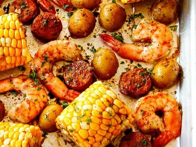 Sheet Pan Shrimp Boil with corn on the cob