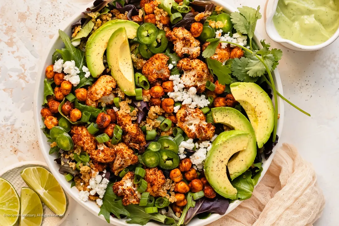 Roasted Cauliflower Salad with romaine and salad greens