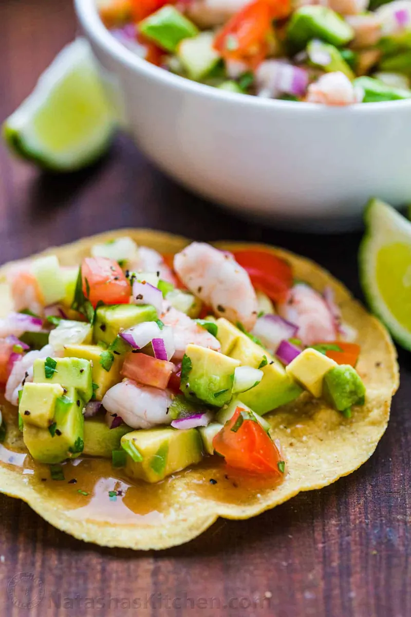 Shrimp Ceviche Tostadas with taco shells