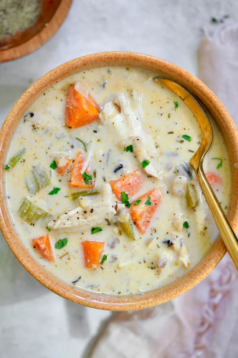Creamy Chicken Wild Rice Soup with nuts and seeds