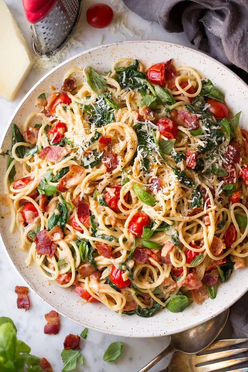 Bacon Tomato Spinach Spaghetti