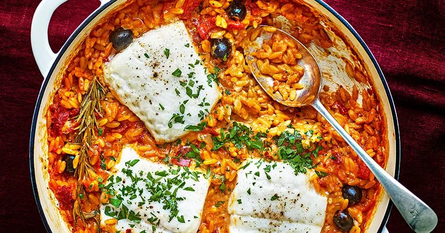 Baked Cod with Sausage Orzo
