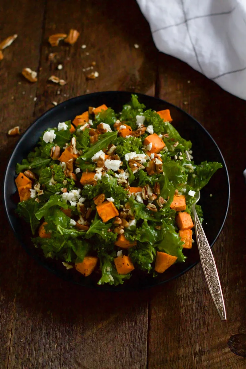 Roasted Sweet Potato Kale Salad with nuts and seeds