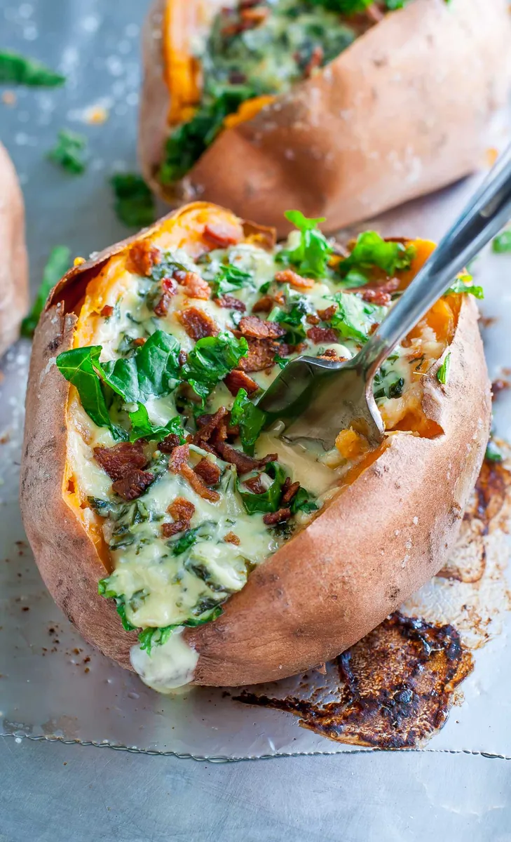 Cheesy Kale Stuffed Sweet Potatoes