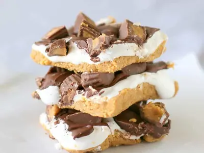 Peanut Butter S'mores Bars with chocolate chips and baking chocolate