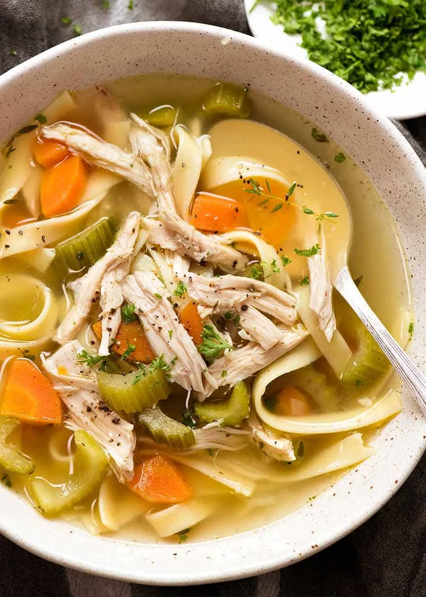 Chicken and egg noodle soup from thighs
