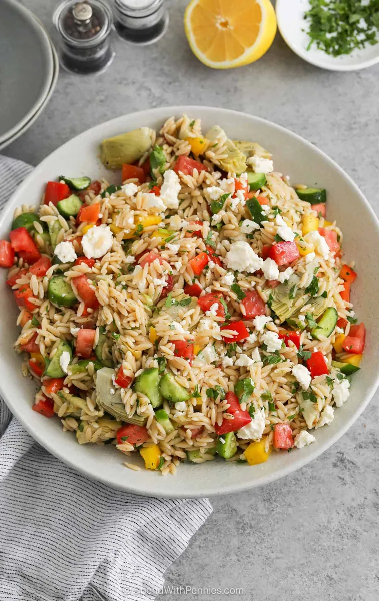 Mediterranean Orzo Salad with artichoke hearts
