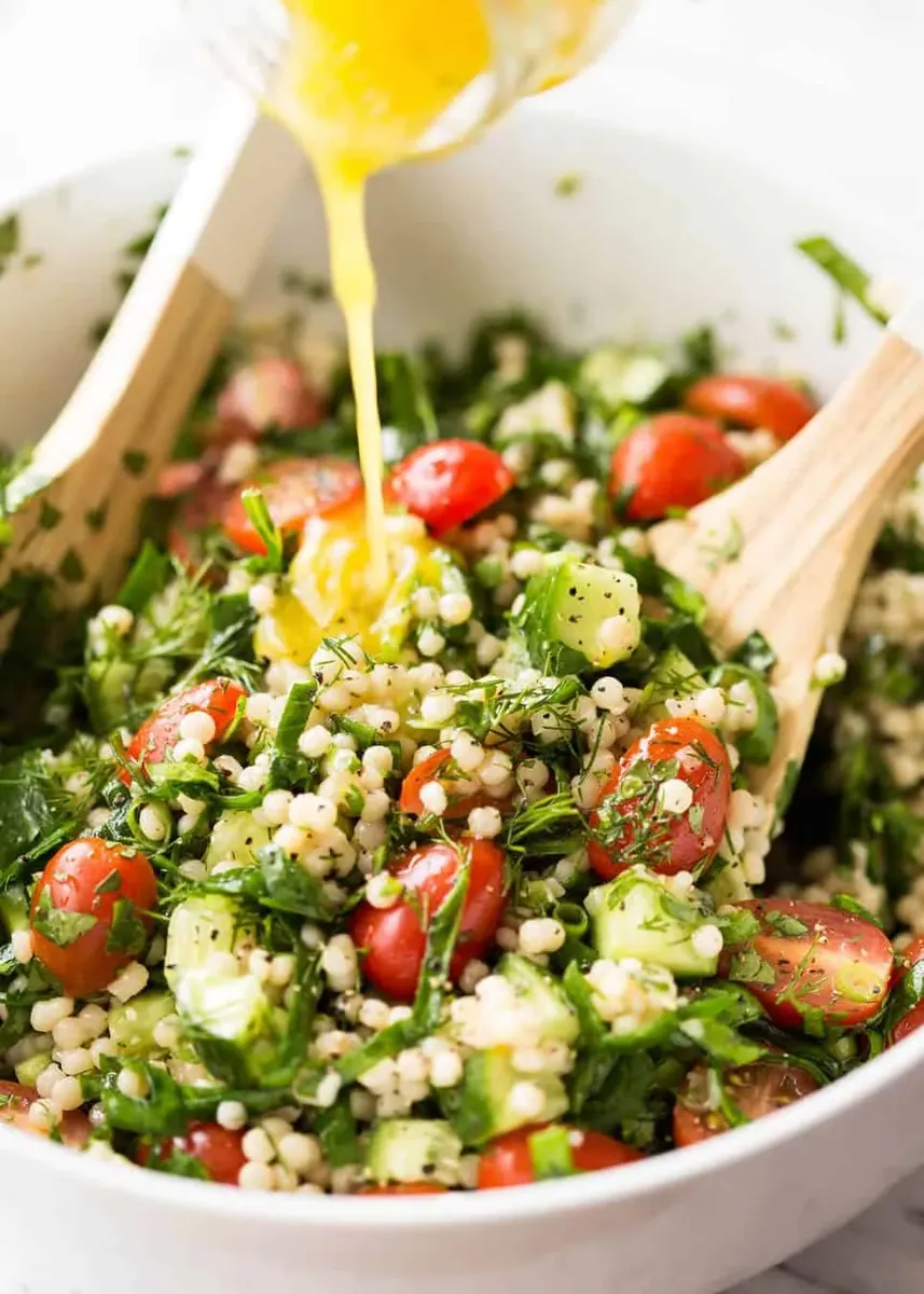 Pearl Couscous Salad with cherry and grape tomatoes