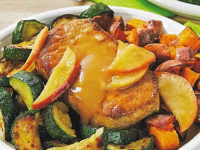 Apple Pork Chops with Roasted Vegetables