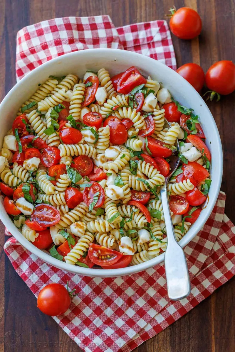 Caprese Pasta Salad with cherry and grape tomatoes