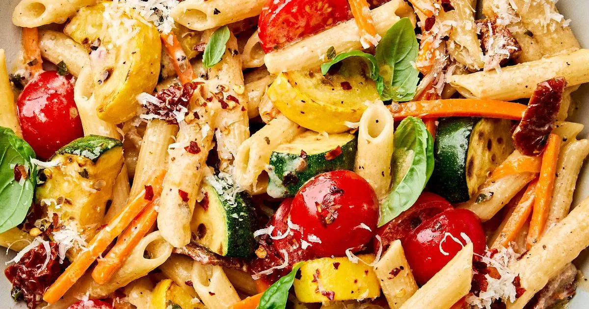 Pasta Primavera with cherry and grape tomatoes