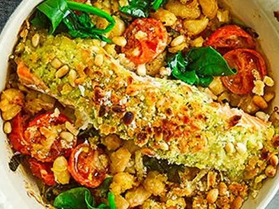 Pesto Salmon Bean Gratins