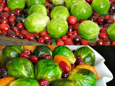 Roasted Brussels Sprouts with Cranberries with cranberry sauce