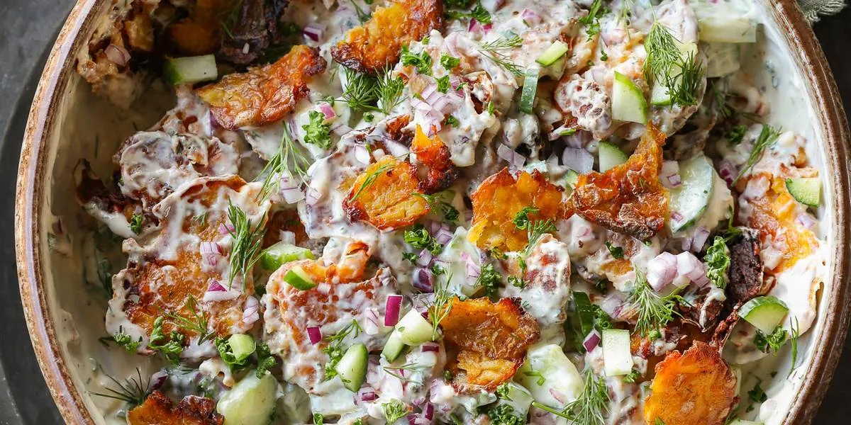 Smashed Potato Salad with potatoes