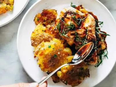 Caprese Chicken with Smashed Potatoes
