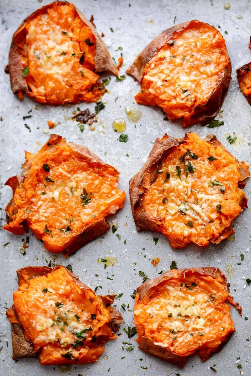 Garlic Butter Smashed Sweet Potatoes