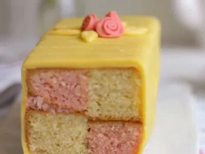Battenberg Cake with chocolate chips and baking chocolate