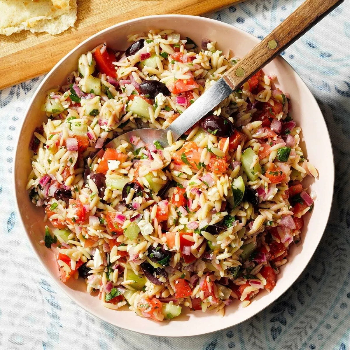 Greek Orzo Salad with pickles and olives
