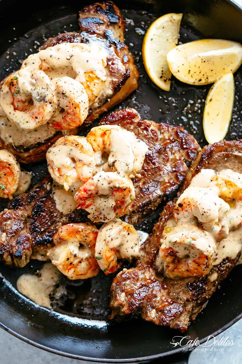 Steak with Creamy Garlic Shrimp