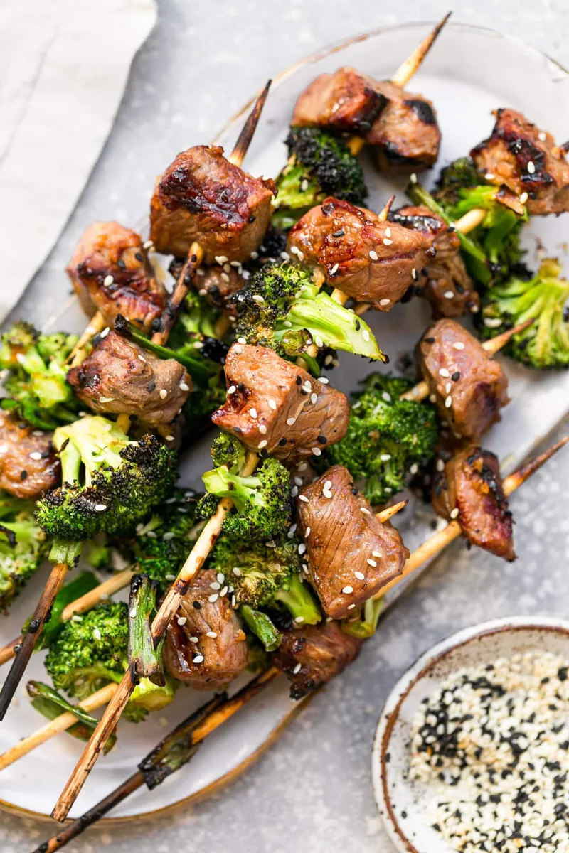 Soy-Marinated Beef Broccoli Skewers